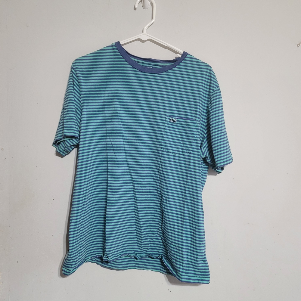 Vineyard Vines Men's Cotton T-Shirt Size‎ Medium Blue Aqua Striped Short Sleeves
